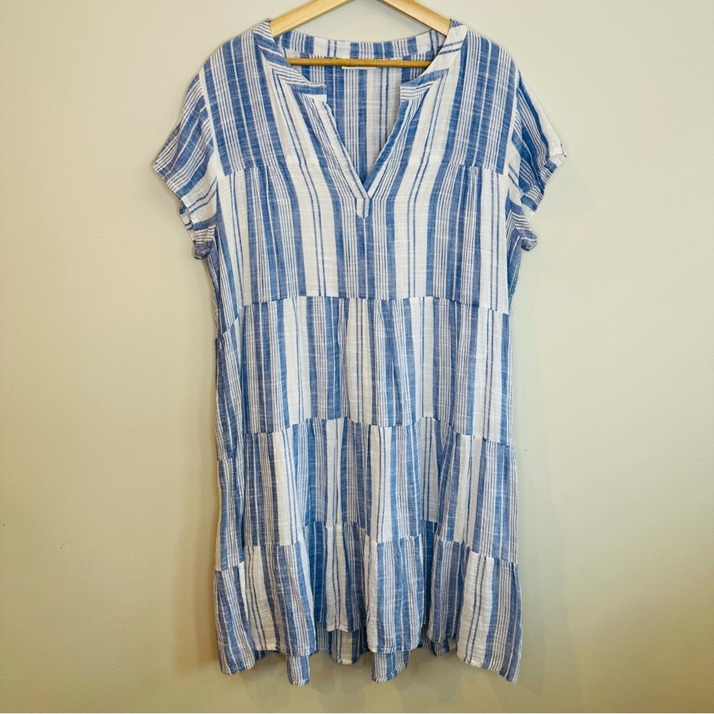 Roller Rabbit Pamela Tiered Cotton Dress in Blue and White Stripe Size XL